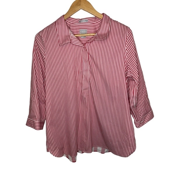 Chicos Pink and White No Iron Stretch Striped Button Back Tunic Collared - Picture 2 of 6